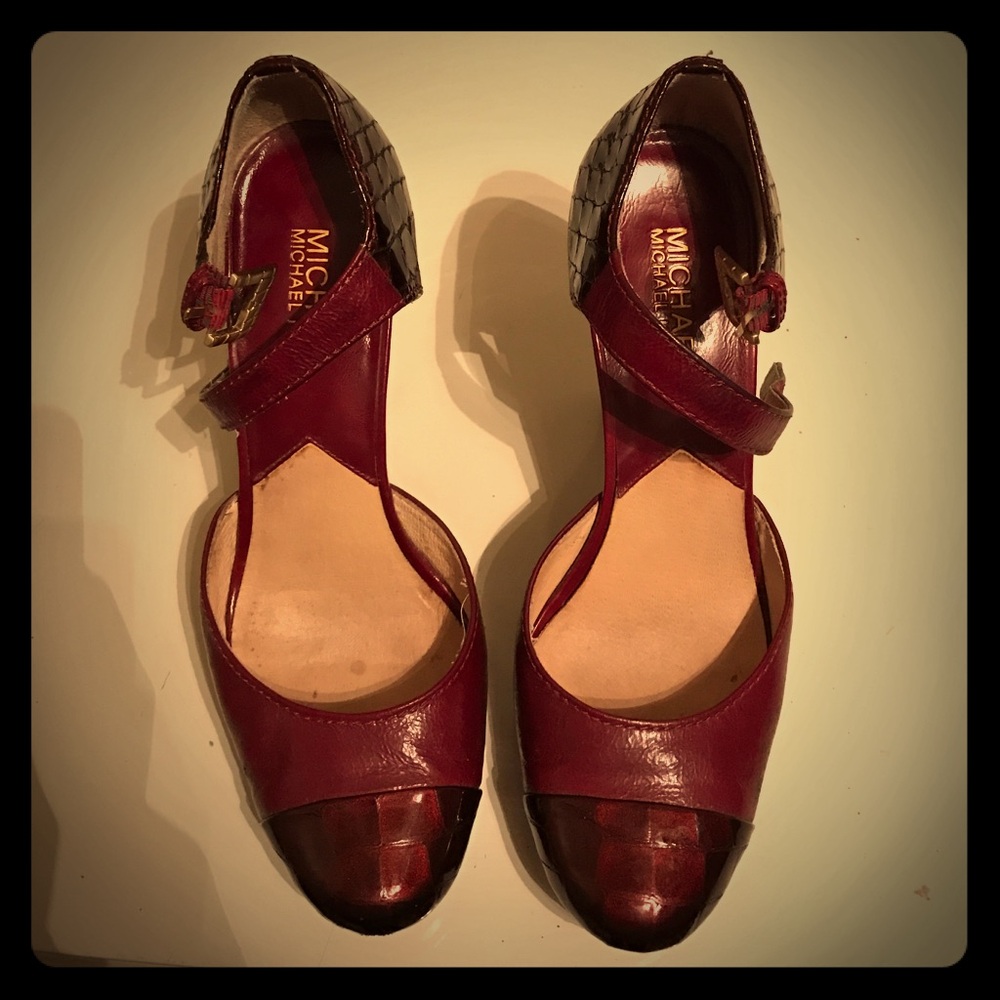 SOLD- Michael Kors deep red snakeskin and leather heels